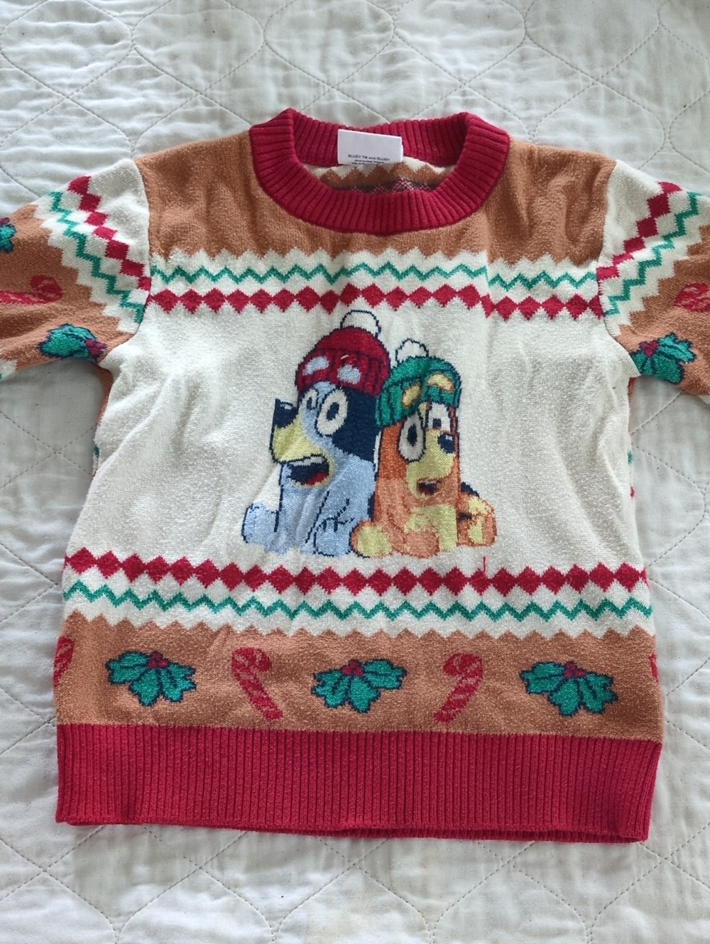 Kids Cream & Tan Holiday Sweater Top with Cartoon Characters